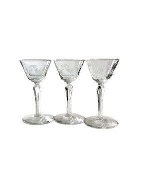 Set of 3 Etched Glass Cordial Glasses Bar Shot Glasses Elegant Vintage Drinkware